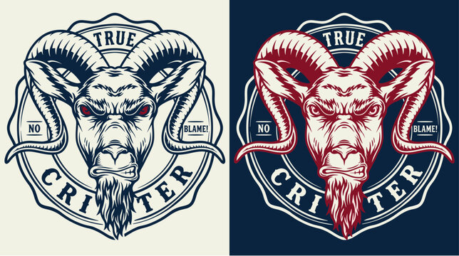Fierce mountain goat head emblem design. Angry ram vintage badge mascot illustration. Retro streetwear graphic for t shirt. Hand drawn horned animal vector art.