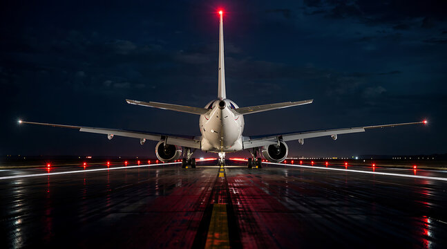 nighttime view of an airplane on the runway illuminated by runway lights under a dark sky