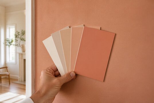 Painter comparing color swatches against terracotta wall