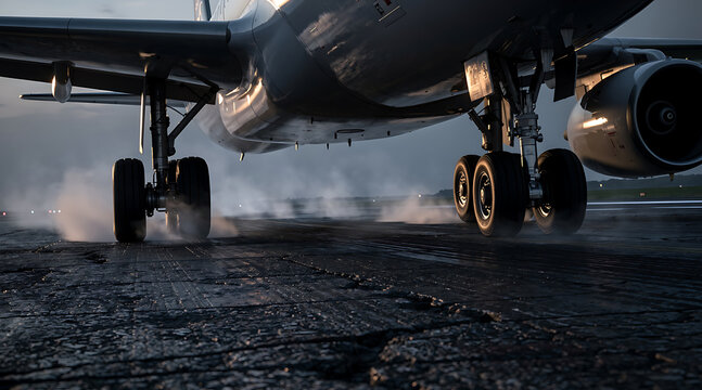 a commercial airplane taxiing on the runway at dusk with engines running and landing gear extended capturing a low-angle shot