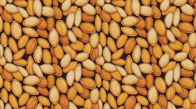 Roasted pumpkin seeds arranged in a dense repeating pattern with vibrant golden brown and yellow colors