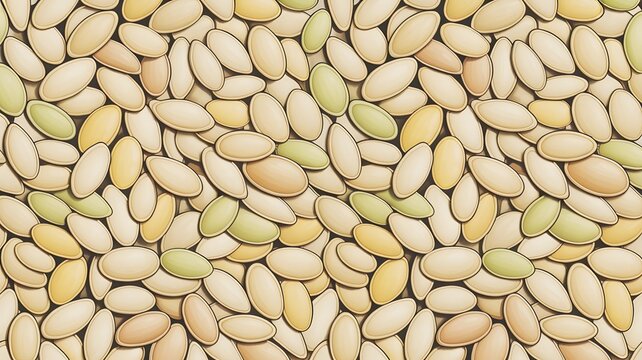 Dried organic pumpkin seeds scattered across flat surface creating repetitive pattern with soft warm yellow tones