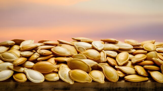 Roasted pumpkin seeds piled high on wooden surface with warm soft sunset glow in background lighting