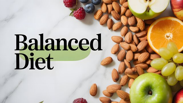 Fresh healthy fruits and raw almonds arranged beautifully on a clean white marble kitchen surface