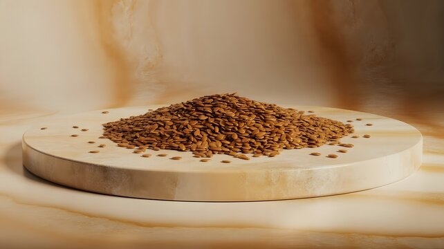 Organic brown flax seeds piled neatly upon a polished beige marble circular platform with soft lighting