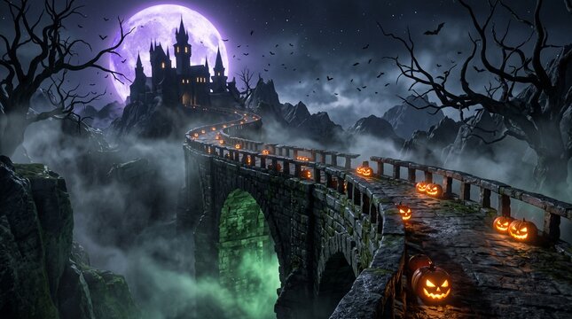 Spooky halloween pumpkins glowing on a stone bridge leading to a dark castle under a full moon in the night