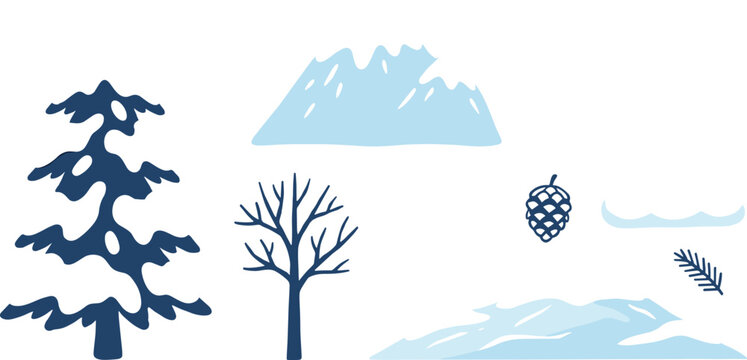 Winter nature elements collection with snowy evergreen tree, bare tree, mountains, snowdrifts and pinecone