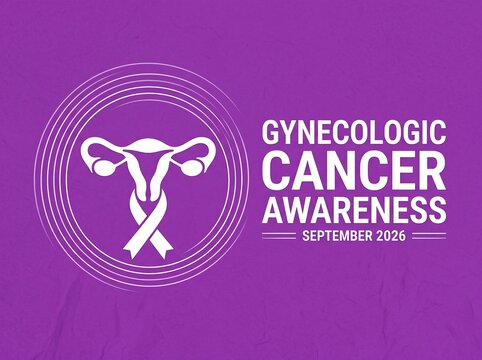 Gynecologic cancer awareness month graphic featuring a minimalist white anatomical uterus icon integrated with a symbolic awareness ribbon on a textured purple background for health campaigns.