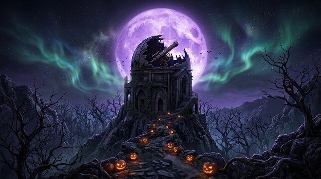 Spooky haunted castle on a hill with pumpkins and a full moon during a dark halloween night in pixel art style