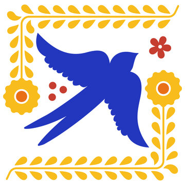 Colorful Mexican Talavera Ceramic Tile With Bird And Flower. Traditional Puebla Pattern, Mexico. Vector Illustration.