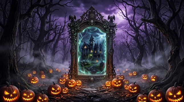 Spooky halloween mirror with a haunted castle reflection surrounded by glowing carved pumpkins in dark forest