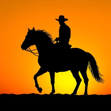 Cowboy riding a horse in silhouette against a glowing orange sunset, dramatic western equestrian scene