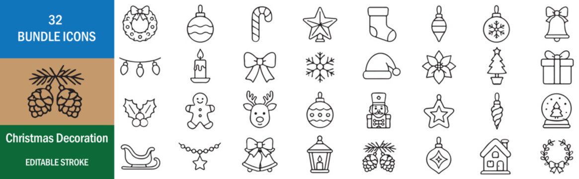 Christmas Decoration Vector Outline Icons Set, Holiday Celebration Symbols Collection, Editable Black Line Christmas Icon Bundle