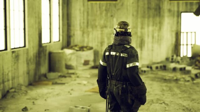 Firefighter standing in derelict hall surveying structure, helmet reflective strip catching window light, debrisstrewn floor and high vertical windows,