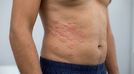 Naklejka premium Close up of a man with a severe red skin rash on his abdomen