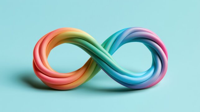 A rainbow infinity symbol made from soft clay sits on a powder blue surface. The symbol features interlocking rings and bright colors.