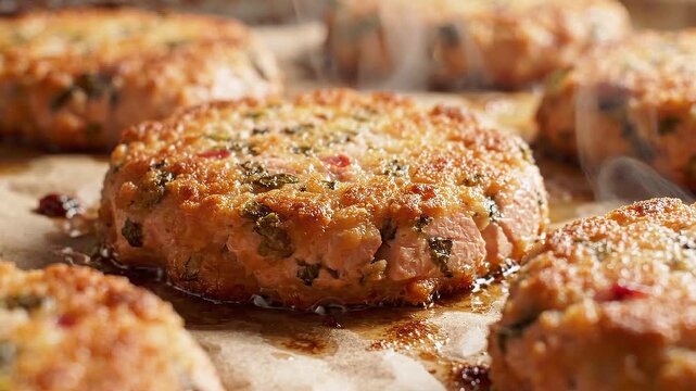 Golden-brown salmon patties sizzling on parchment paper in a warm kitchen setting