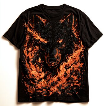 Black t-shirt with a fiery wolf head graphic print isolated on a white background.