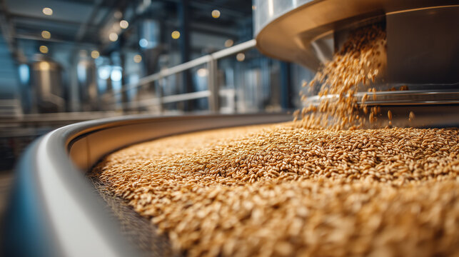 Close-up of wheat grains being processed and transported on industrial equipment inside a modern grain processing facility, representing agriculture, food production and grain manufacturing.