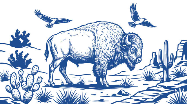 Blue and cream vintage woodcut style illustration of an American bison in a desert landscape with cacti and birds
