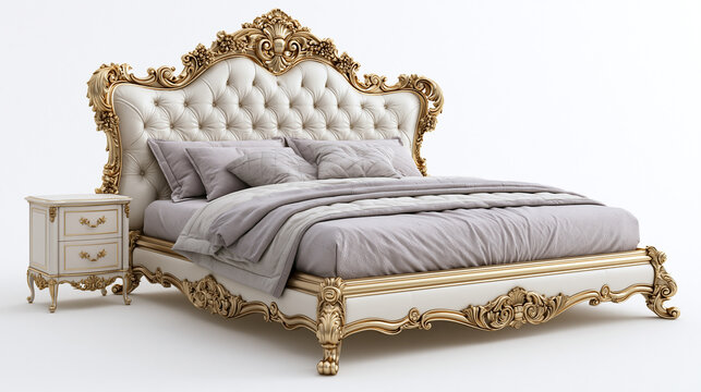 A luxurious white and gold bed featuring an ornate carved baroque frame tufted white leather headboard matching nightstand and elegant bedding against a clean minimalist white background.