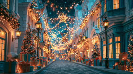 Obraz premium A charming European cobblestone street decorated for Christmas with glowing fairy lights festive garlands shop windows and neatly wrapped presents creating a magical holiday atmosphere.