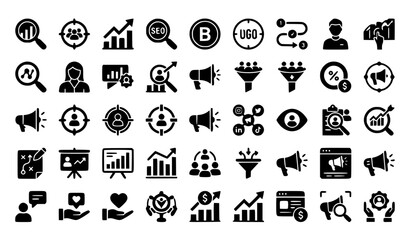 Fototapeta premium Marketing Management and Brand Strategy Solid Glyph Icon Set with SEO Market Research Sales and Customer Journey