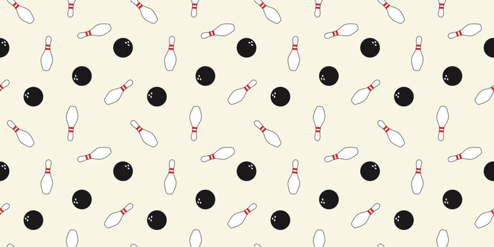 Classic white bowling pins and black balls seamless pattern background for sports recreation tournament vector design