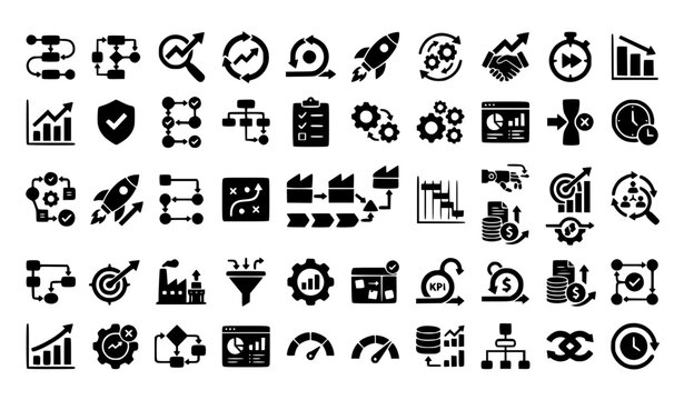 Process Improvement and Workflow Optimization Solid Glyph Icon Set with Agile Efficiency Automation and Business Operations