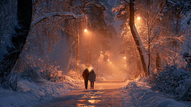 A romantic winter evening scene of a couple walking hand in hand along a snow-covered park alley illuminated by glowing warm street lamps through a dense magical fog.