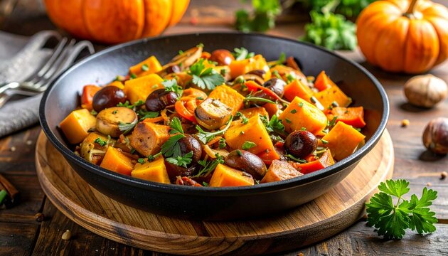 Herbstliche Gem&uuml;sepfanne mit K&uuml;rbis, Pilzen und Maronen