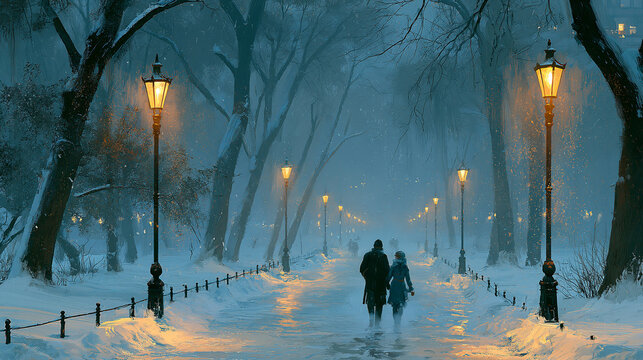 A romantic winter evening scene of a couple walking hand in hand along a snow-covered park alley illuminated by glowing warm street lamps through a dense magical fog.