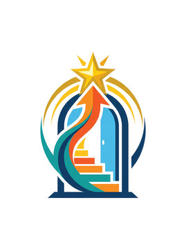 Open Door with Stairs, Upward Arrow, and Shining Star Logo, Concept of Success, Career Growth, Opportunity, and Achievement Vector Illustration