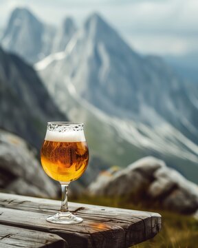 beer glass with pale ale standing in front of a view of rocky mountains