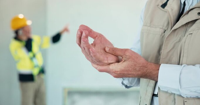 Construction, wrist pain and hands of person on site for fibromyalgia, engineer crisis and arthritis. Injury, overworked and accident with employee for tired, building inspector or tendinitis