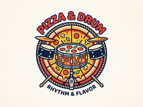 Vintage Pizza and Drum Logo Design, Creative Fusion of Food and Music, Vector Illustration