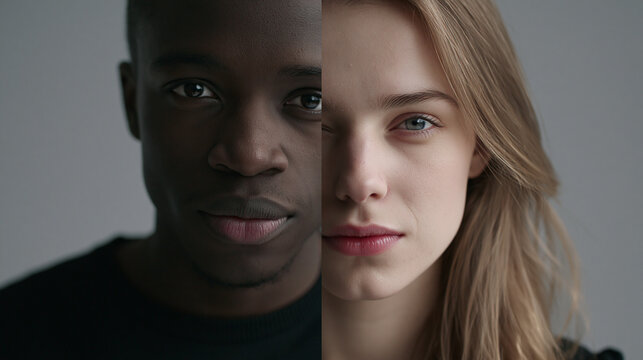 A striking studio portrait featuring the split faces of a Black man and a White woman joined vertically. This image powerfully symbolizes unity diversity and interracial connection against a neutral