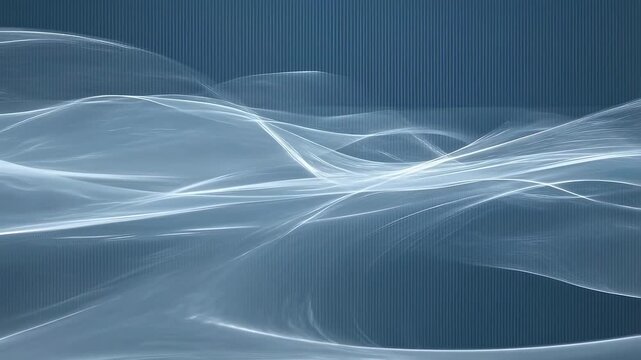 Blue and white light waveforms flow and undulate smoothly over a dark blue gradient background. Abstract background features light waveforms and flowing lines with rhythmic movement.