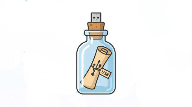 USB Flash Drive in a Glass Bottle with Message Scroll Concept Flat Vector Illustration Isolated on White Background