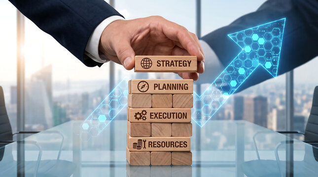 Businessman stacking wooden blocks with strategy planning execution and resources text for corporate growth