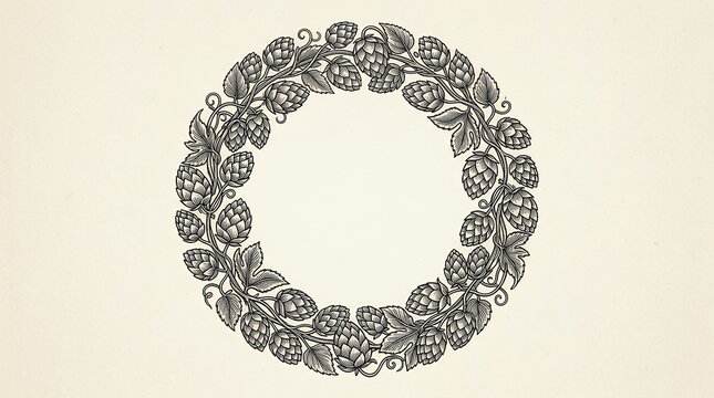 Frame composed of hops for brewing. Hand drawn etched style . Classic alcoholic beverage graphic layout  hop beer frame engraving vintage brewery border plant leaf branch oktoberfest pub