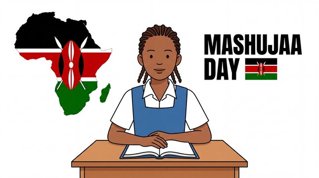 oung student studies at desk, celebrating Mashujaa Day, contemplating national heroes. Girl learning country history, inspiring generations on Mashujaa Day. Concept Mashujaa Day