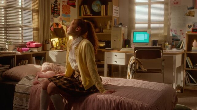 Caucasian teenage girl walking into retro bedroom, dropping school bag, and falling onto bed to relax. Ideal for back-to-school marketing, youth mental health, and lifestyle commercials