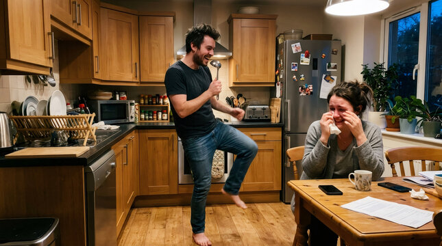 Man singing with ladle as microphone dancing to cheer up crying woman at kitchen table. Emotional support with humor and empathy, relationship care and comfort concept for mental health at home