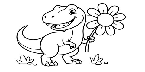 Fototapeta premium Cute cartoon dinosaur holding a flower for children to color in a fun black and white illustration