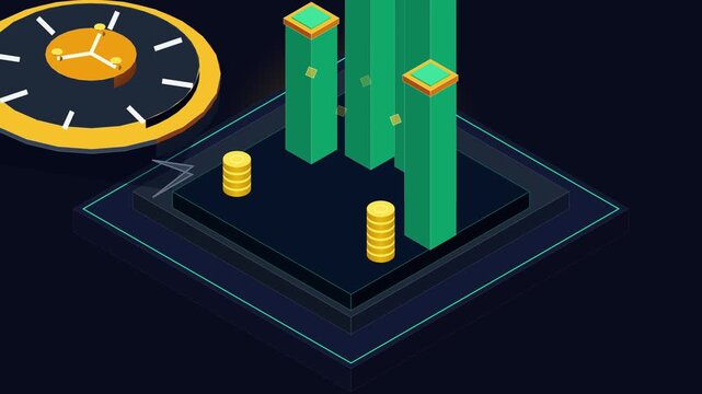Isometric 3D animation of a clock and rising bar charts with gold coins