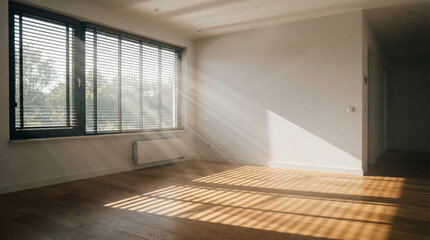Fototapeta premium Bright natural sunlight shining through window blinds into a modern empty room with wooden floors.