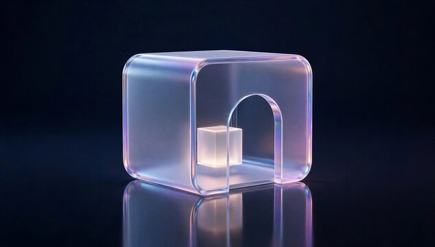 Futuristic translucent storage icon showing warehouse management system v3, inventory control, and automation for digital logistics and smart storage.
