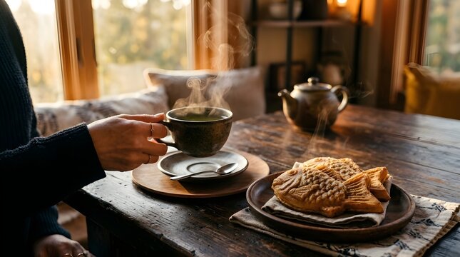 Person enjoying a steaming cup of warm tea and fresh fish shaped pastry snack during a cozy afternoon break in a rustic wooden cafe