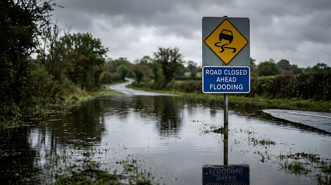 Flooded rural country road with road closed ahead flooding warning sign on a cloudy day